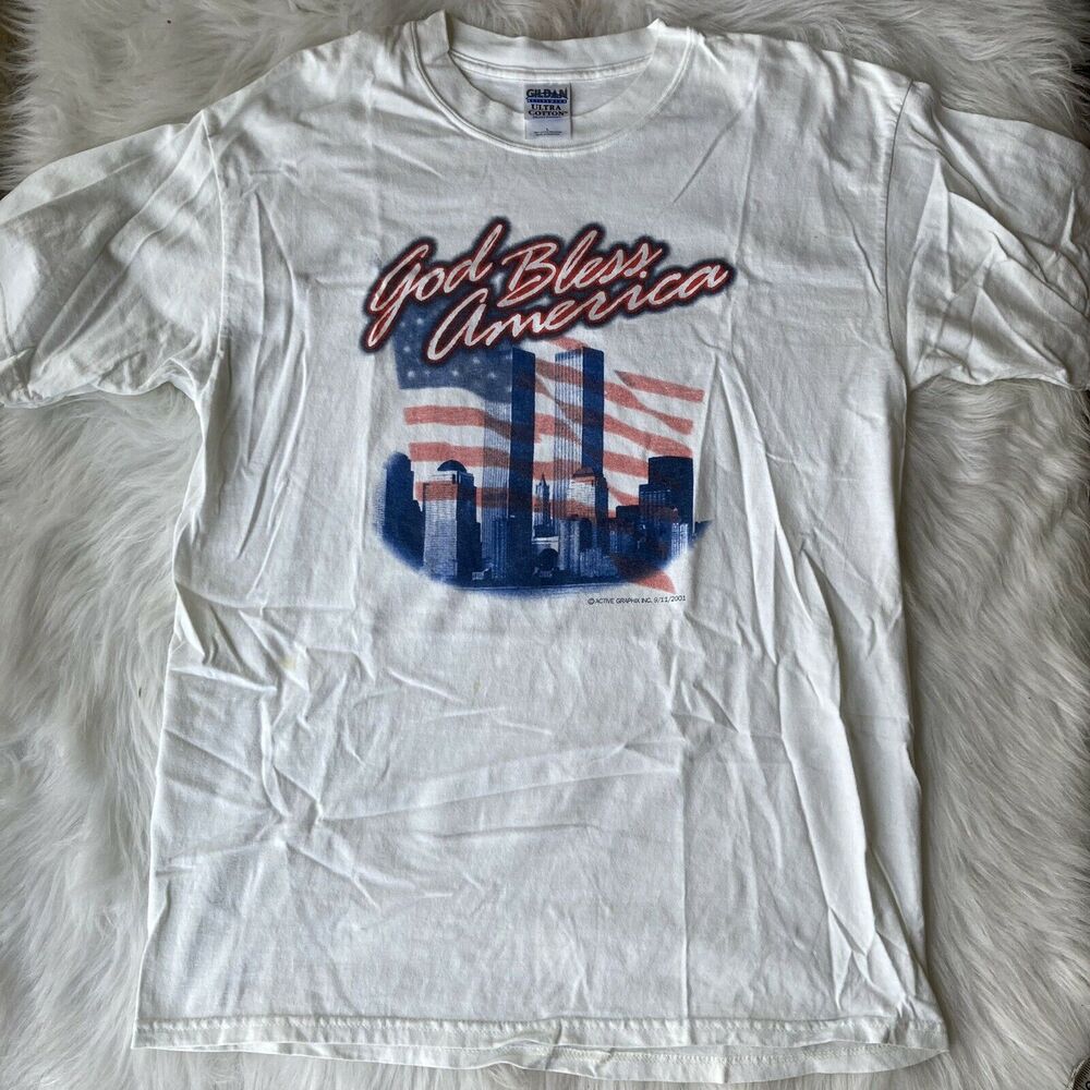Vintage Gildan Sz L T Shirt Bundle 9/11 God Bless America Patriotic White Adult - Picture 2 of 11